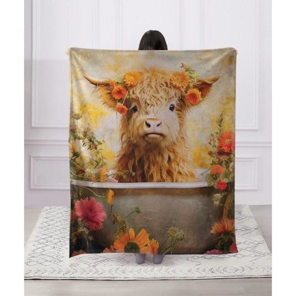 New Highland Calf Plush Throw Blanket Gift Farm Horns Bull Daisies NIP Cow Photo - Picture 2 of 4